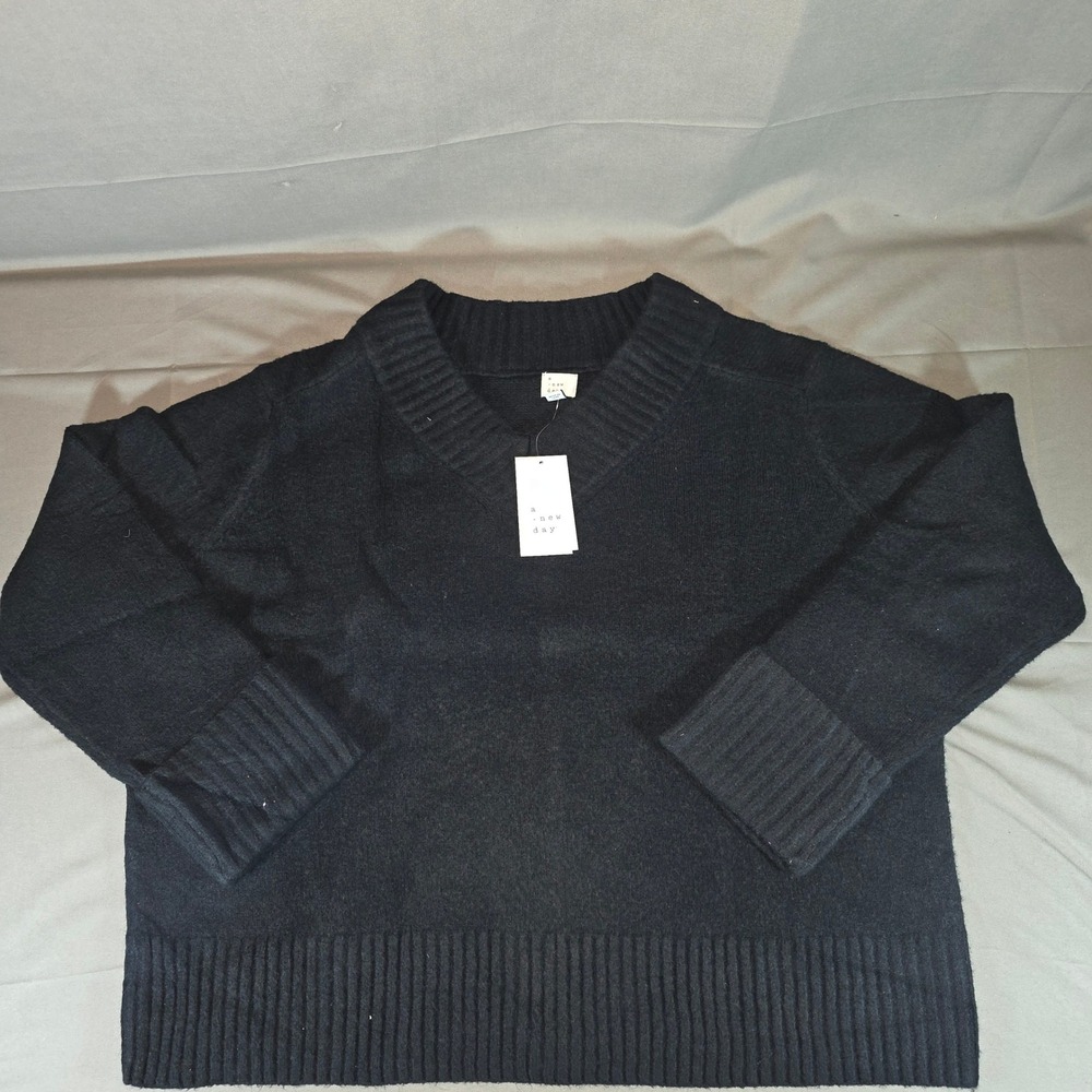 A New Day Womens Black V-Neck Sweater XXL Cashmere Soft Ribbed Knit Pullover